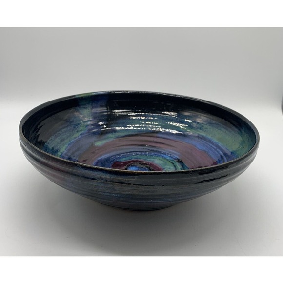 Studio Galaxy Art Pottery 11” Bowl Artist Signed Blue Purple Green - Picture 1 of 7